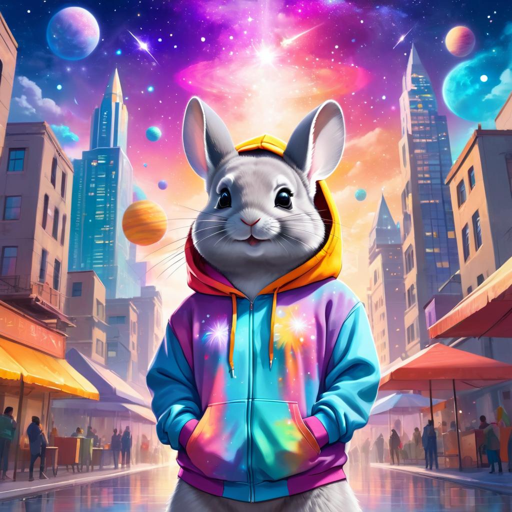 standard grey chinchilla in a colorful hoodie, with a magical urban background highlighting a cute and happy vibe.