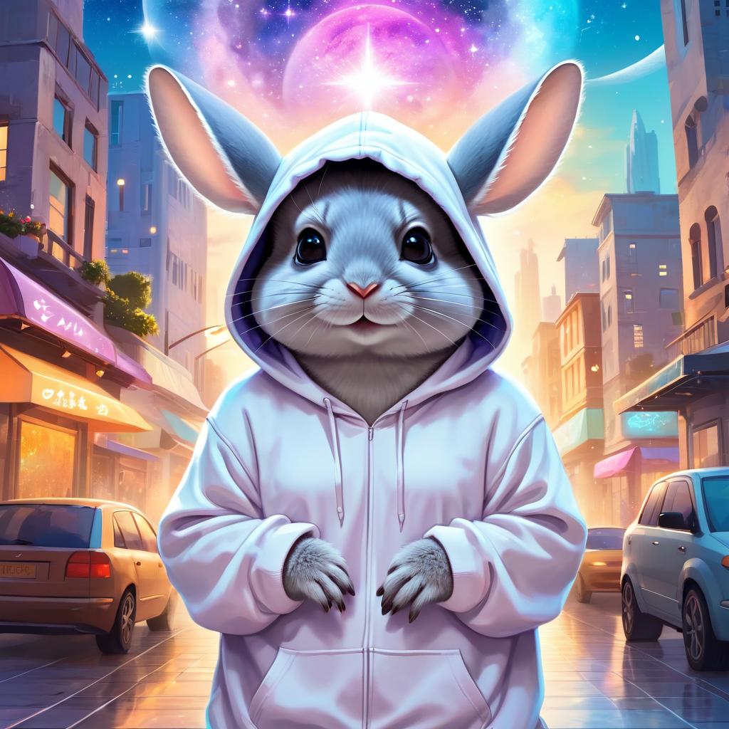 standard grey chinchilla in a white hoodie, featuring a magical and ethereal urban setting with a cute and happy vibe.