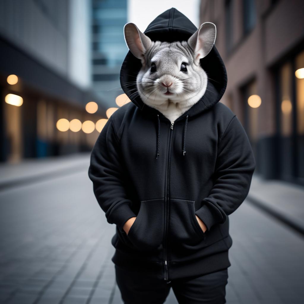 standard grey chinchilla in a black hoodie, set against a modern urban backdrop, emphasizing a stylish and trendy look.