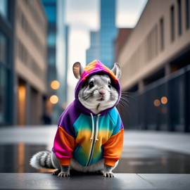 standard grey chinchilla in a colorful hoodie, set in a modern urban environment with a stylish and trendy vibe.