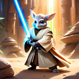 standard grey chinchilla as a jedi knight, with a lightsaber and star wars backdrop in a celestial, painterly style.