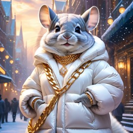 standard grey chinchilla in a white puffer coat with golden hip hop chains, in a posh urban environment, looking cute and happy.