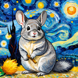 standard grey chinchilla by van gogh, featuring starry night brush strokes, capturing a cute and happy expression.