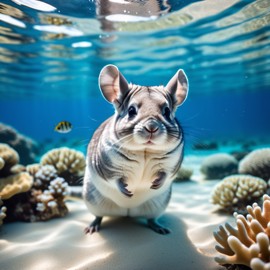 standard grey chinchilla swimming in a vibrant blue ocean with fish and coral reef, capturing a sunny and happy underwater scene.