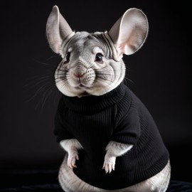 standard grey chinchilla in a black turtleneck, against a diffused background, looking cute and elegant.