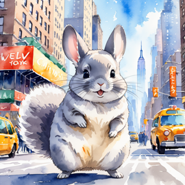 standard grey chinchilla in new york, rendered in a vibrant watercolor illustration, with a highly detailed and happy depiction.