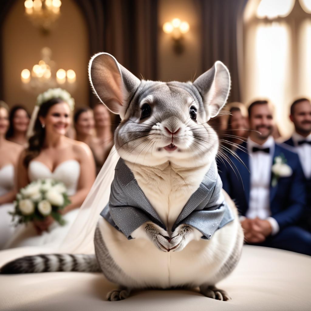 standard grey chinchilla in a beautiful wedding suit, capturing a cute and happy moment in a romantic environment.