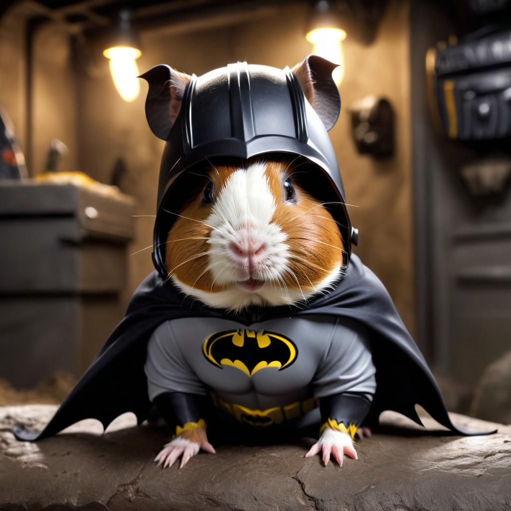 american guinea pig as batman in batcave, wearing batman suit and mask, highly detailed.