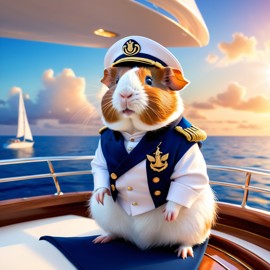 american guinea pig as a captain on a luxury yacht, wearing captain uniform, ethereal and majestic.