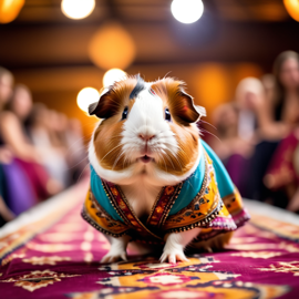 american guinea pig strutting down the fashion show catwalk stage in a colorful bohemian outfit with flowing fabrics, high energy and joyful.