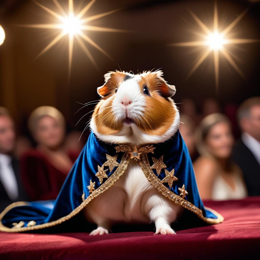 american guinea pig strutting down the fashion show catwalk stage in a luxurious velvet cape with gold embroidery, high energy and majestic.