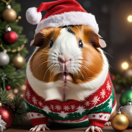 american guinea pig in a christmas sweater and santa hat, lifelike and festive.