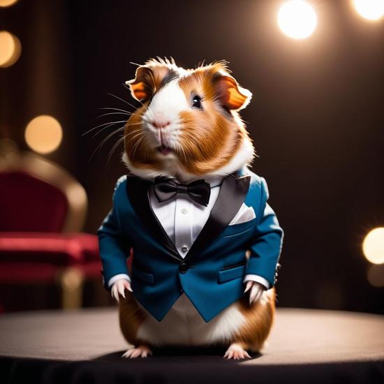 Guinea pig wearing blue tuxedo and black bow tie, formal pet portrait with bokeh background