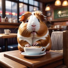 american guinea pig sitting in a cozy coffee shop, lifelike and detailed.