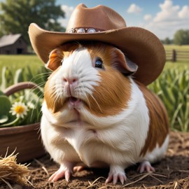 american guinea pig as a cowboy wearing a hat, in the midwest countryside, on a farm.