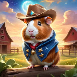 american guinea pig as a cowboy wearing a hat, in the midwest countryside, on a farm.