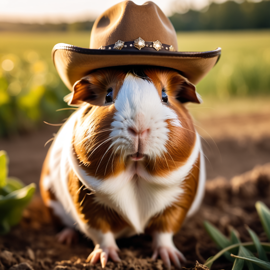 american guinea pig as a cowboy wearing a hat, in the midwest countryside, on a farm.