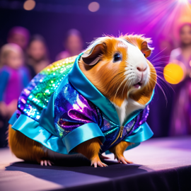 american guinea pig strutting down the fashion show catwalk stage in an extravagant cosmic-themed outfit with iridescent fabrics, high energy and extravagant.