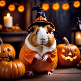 american guinea pig in a halloween costume with pumpkins and eerie decorations, highlighting their festive spirit.