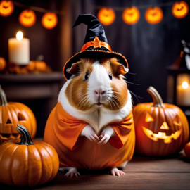 american guinea pig in a halloween costume with pumpkins and eerie decorations, highlighting their festive spirit.