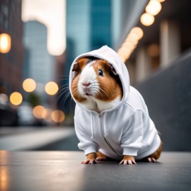 american guinea pig in a white hoodie, showcasing a modern urban setting with a cute and stylish look.