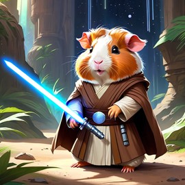 american guinea pig as a jedi knight, with a lightsaber and star wars backdrop in a celestial, painterly style.