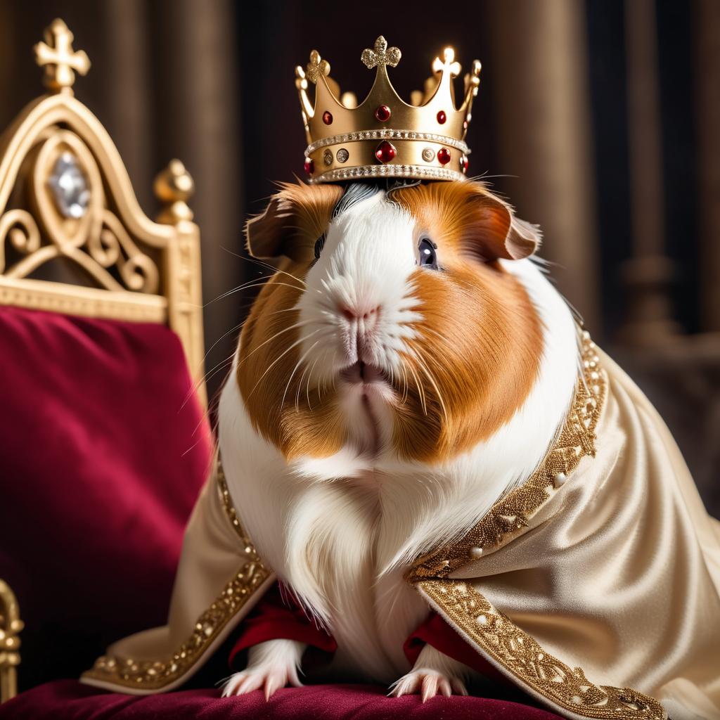 american guinea pig as a king in a magical castle, wearing a crown and robe, seated on a throne.