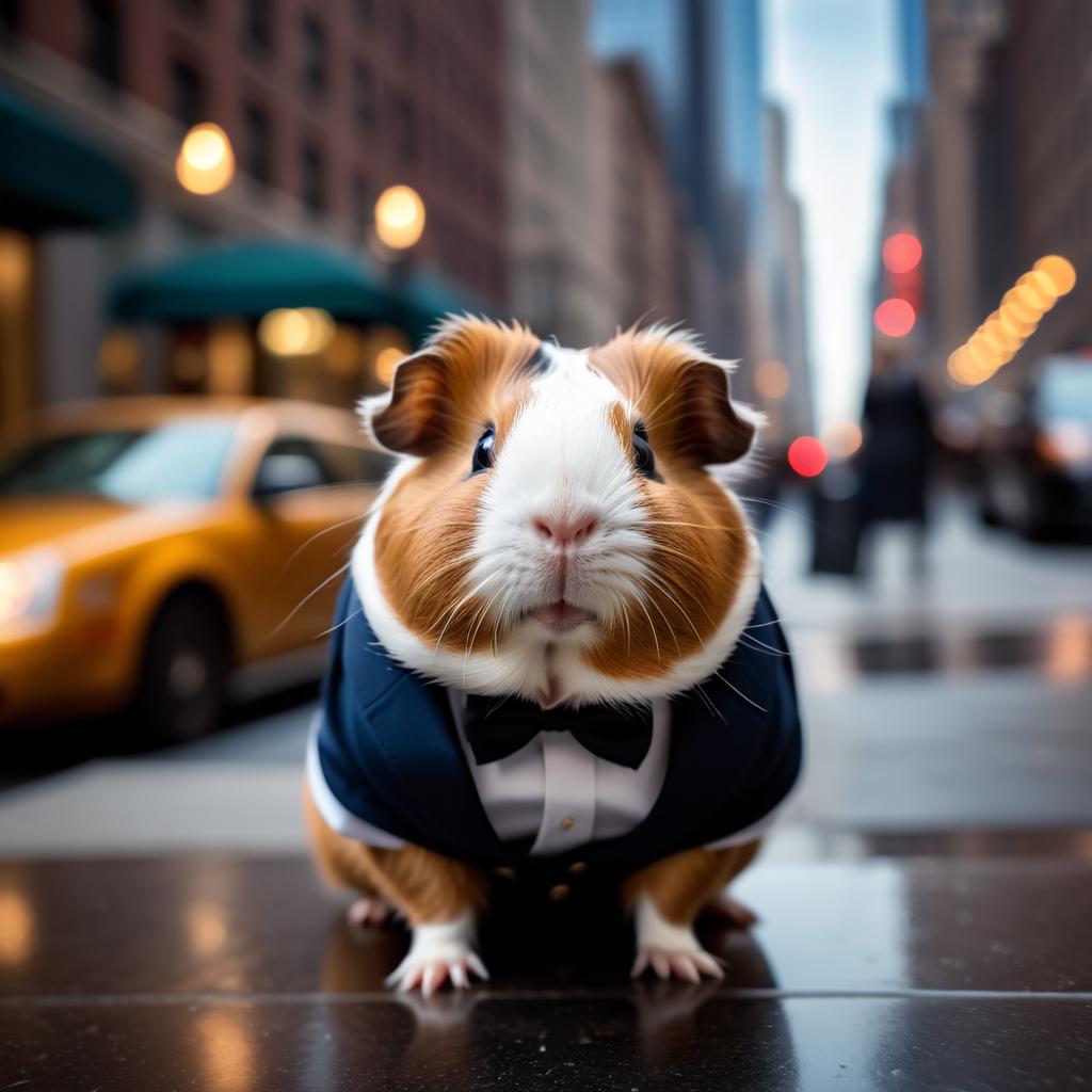 american guinea pig in new york, dressed in classy clothing, against an iconic nyc backdrop with a cinematic, high-detail style.