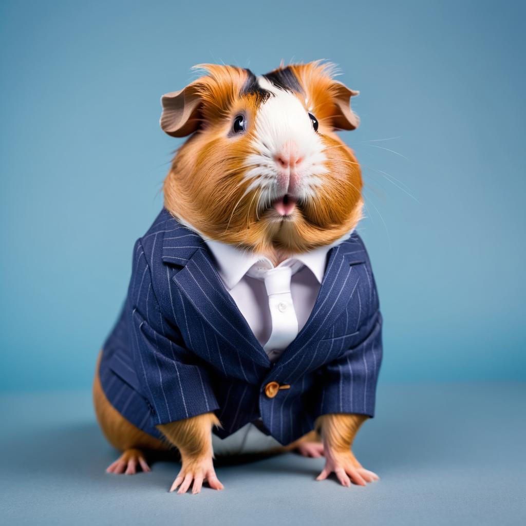 american guinea pig in a stylish suit, posing against a diffused background, looking cute and professional.