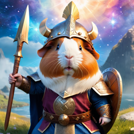 american guinea pig as a viking, wearing traditional armor and helmet, in a magical viking environment.