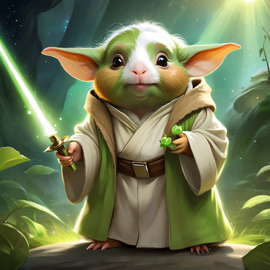 american guinea pig as yoda from star wars, holding a green lightsaber in a cinematic star wars scene.