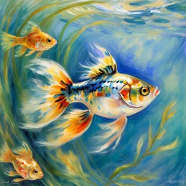 guppy fish in the style of renoir, showcasing classic artistic brush strokes and timeless elegance.