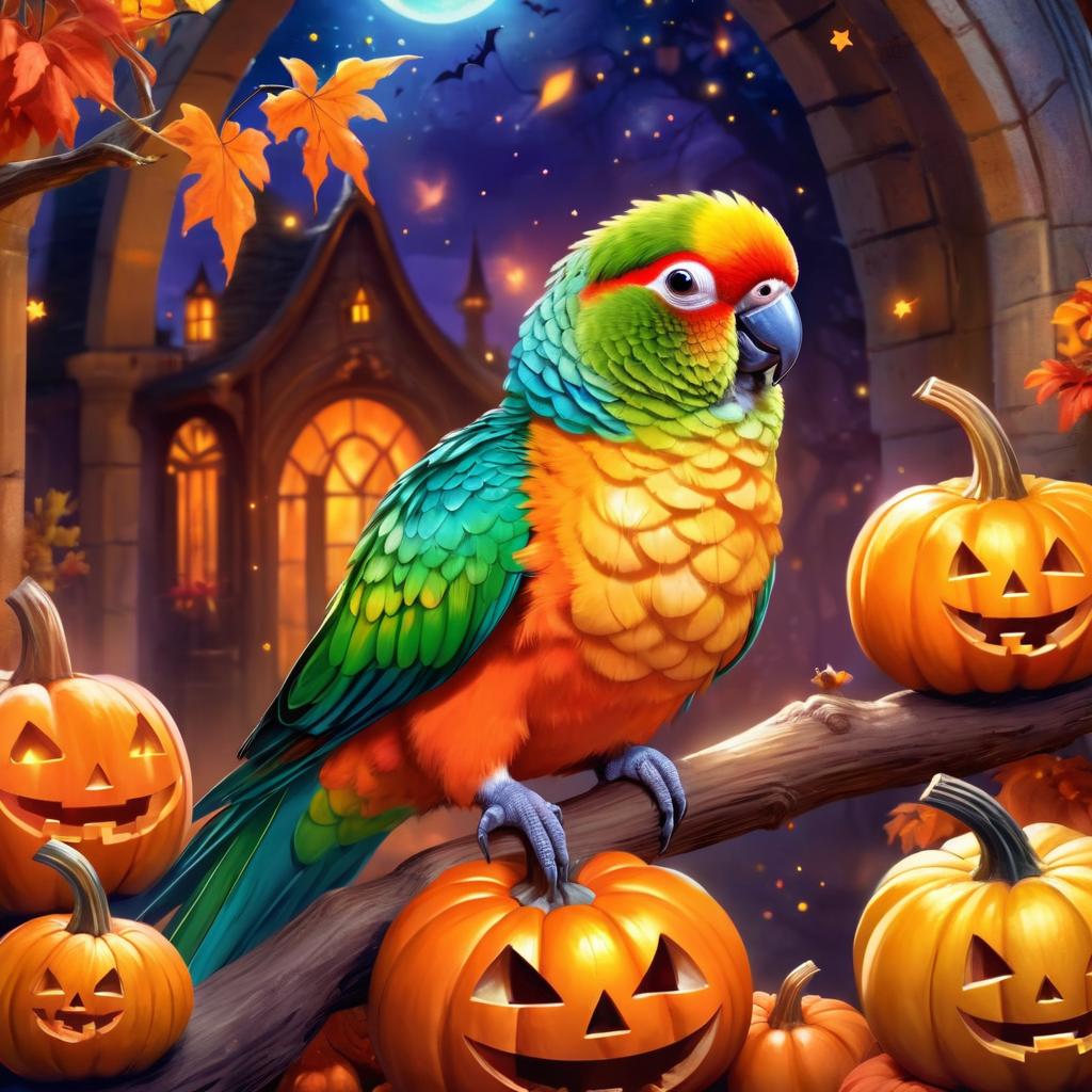 conure bird in a halloween costume, with a magical and ethereal atmosphere surrounded by pumpkins.