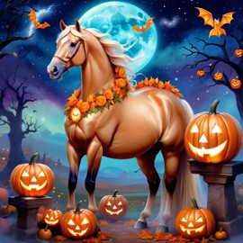 quarter horse horse in a halloween costume, with a magical and ethereal atmosphere surrounded by pumpkins.