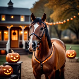 quarter horse horse in a halloween costume with pumpkins and eerie decorations, highlighting their festive spirit.