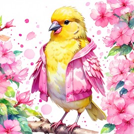 watercolor illustration of canary bird in pink clothing, set in a beautiful pink scene, looking happy and vibrant.