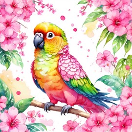 watercolor illustration of conure bird in pink clothing, set in a beautiful pink scene, looking happy and vibrant.