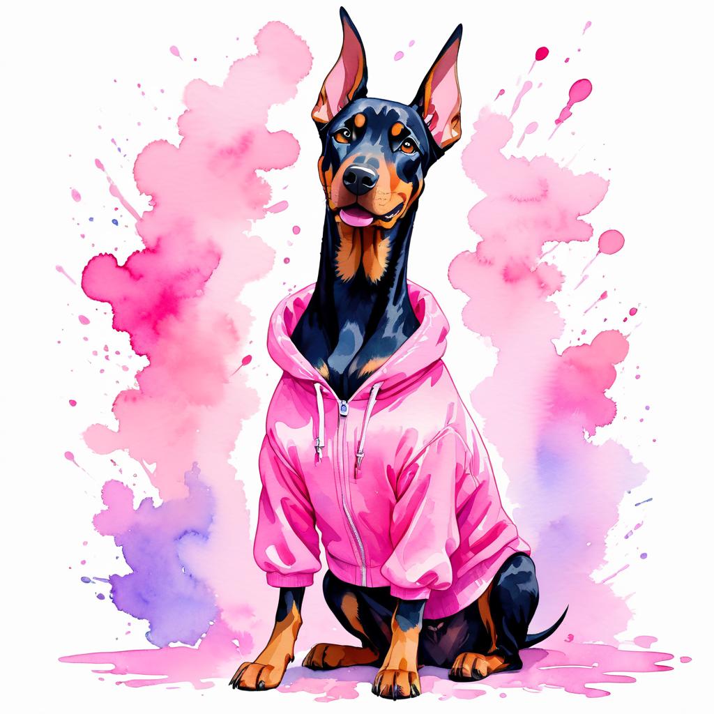 watercolor illustration of doberman pinscher in pink clothing, set in a beautiful pink scene, looking happy and vibrant.