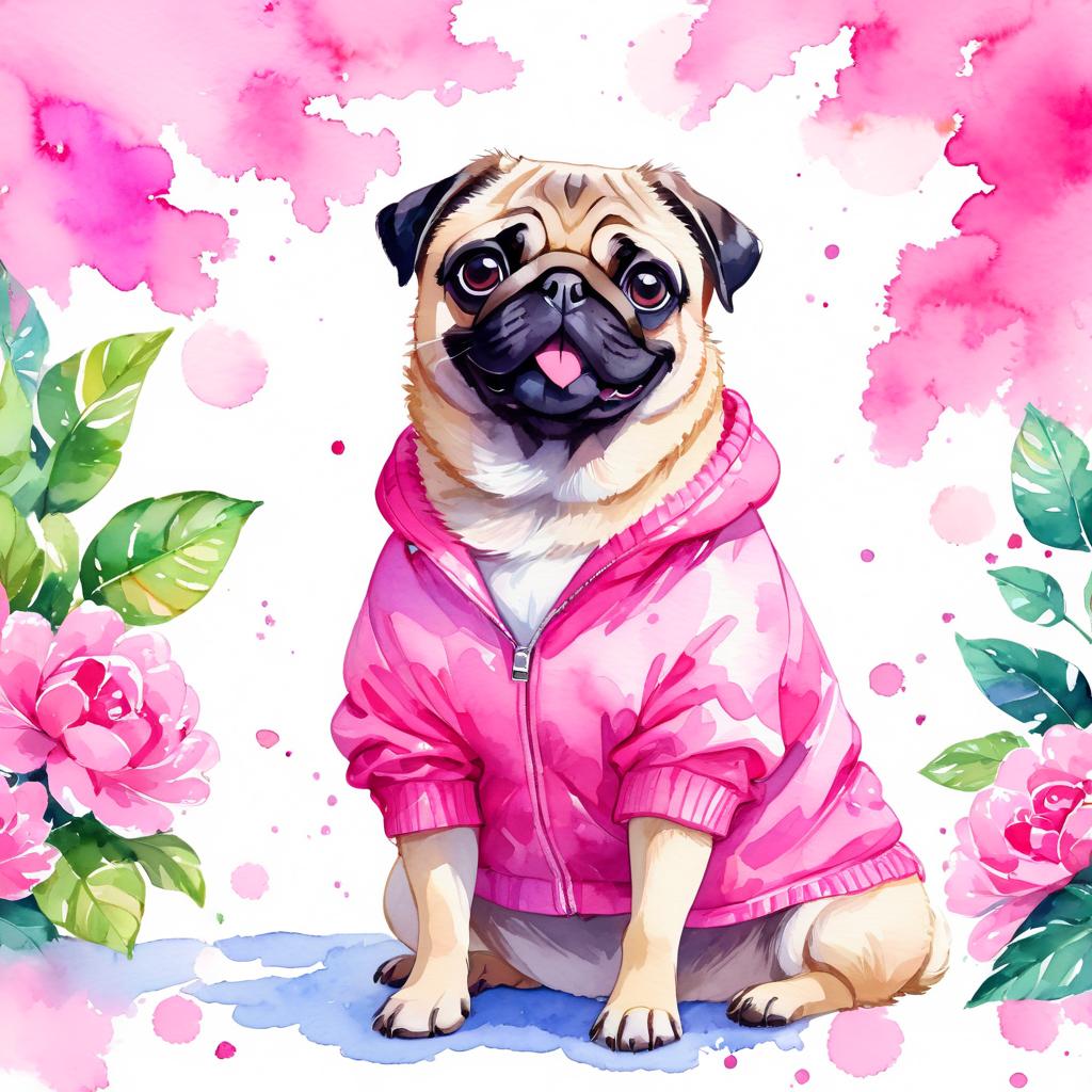 watercolor illustration of pug in pink clothing, set in a beautiful pink scene, looking happy and vibrant.