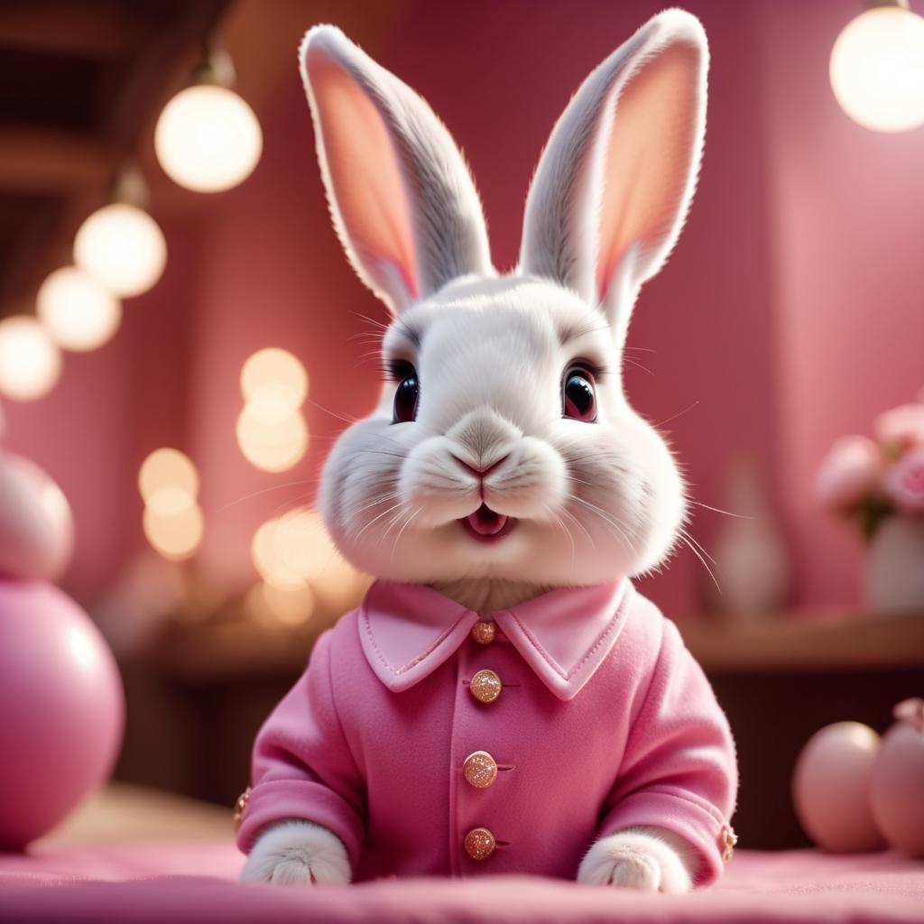 rex rabbit dressed in pink clothing, in a beautiful pink scene, radiating joy and cuteness.