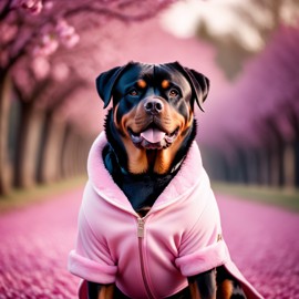 rottweiler dressed in pink clothing, in a beautiful pink scene, radiating joy and cuteness.