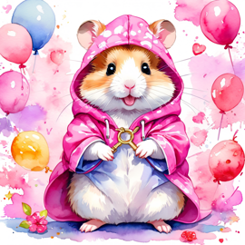 watercolor illustration of syrian hamster in pink clothing, set in a beautiful pink scene, looking happy and vibrant.