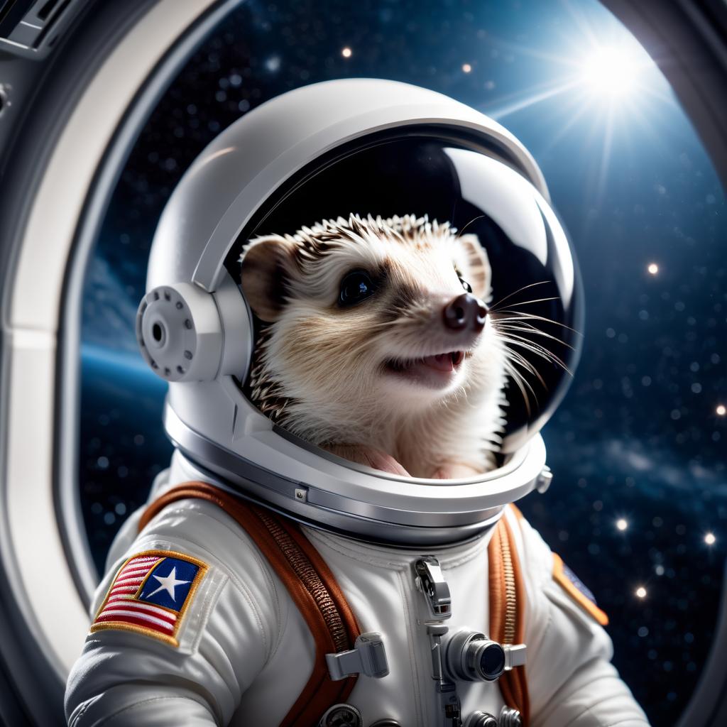 european hedgehog as astronaut in space, wearing spacesuit, with spacestation background.