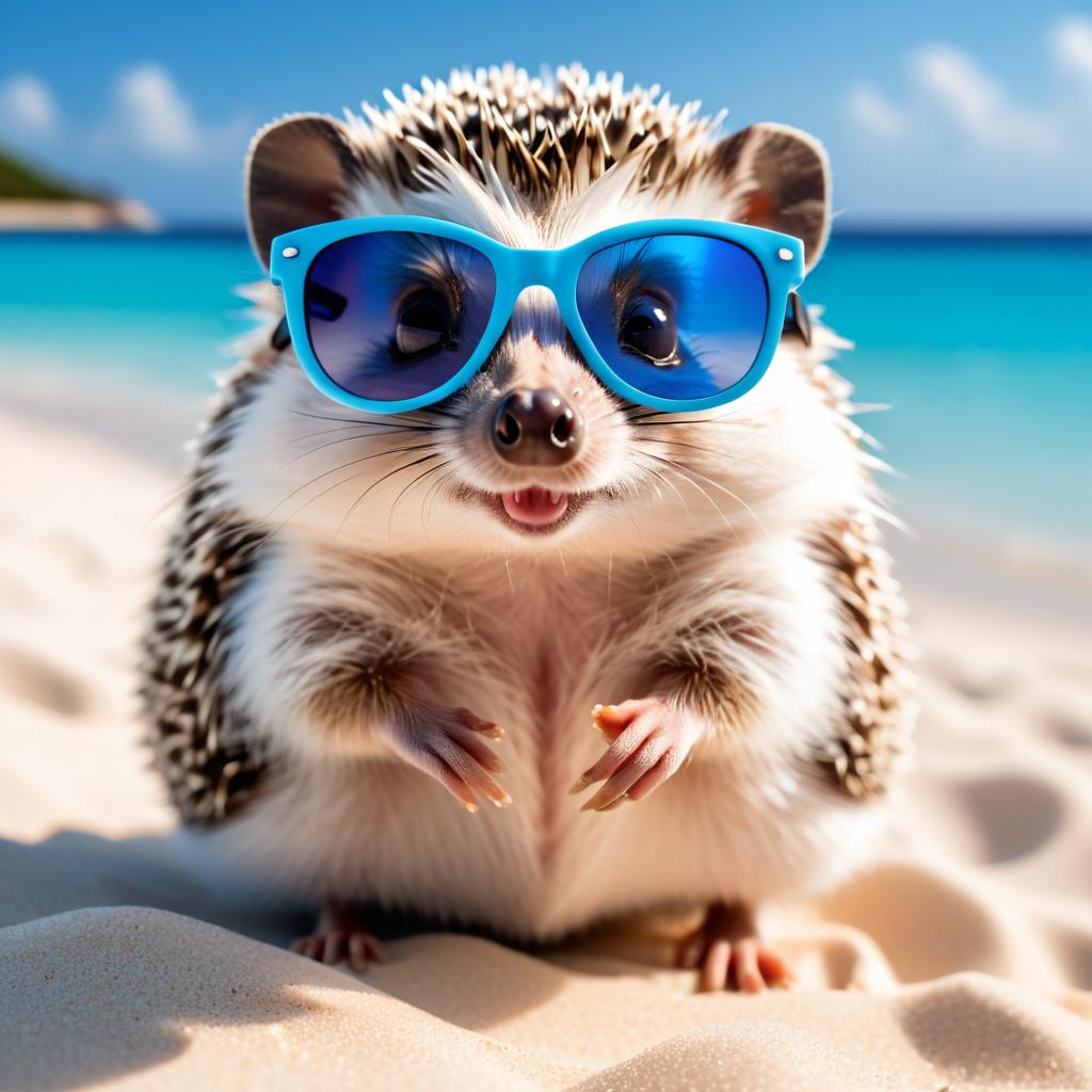 european hedgehog on a beautiful beach with white sand and blue sea, wearing sunglasses.