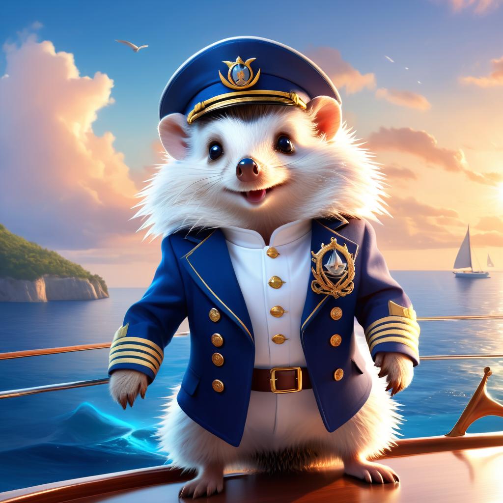 european hedgehog as a captain on a luxury yacht, wearing captain uniform, ethereal and majestic.