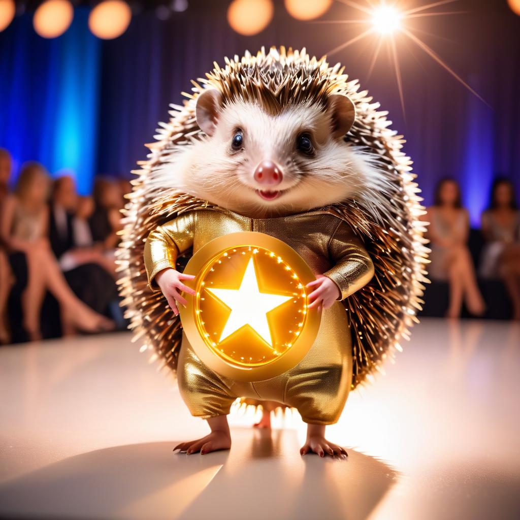 european hedgehog strutting down the fashion show catwalk stage in a sleek metallic bodysuit with led accents, high energy and dramatic.