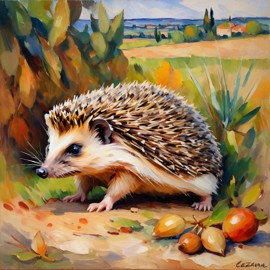 european hedgehog in the style of cezanne, highlighting classic brush strokes and an elegant, timeless look.