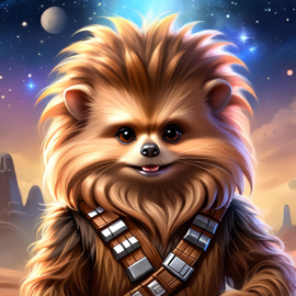 european hedgehog as chewbacca from star wars, ethereal and magical.