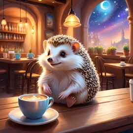 european hedgehog sitting in a cozy coffee shop, ethereal and magical.