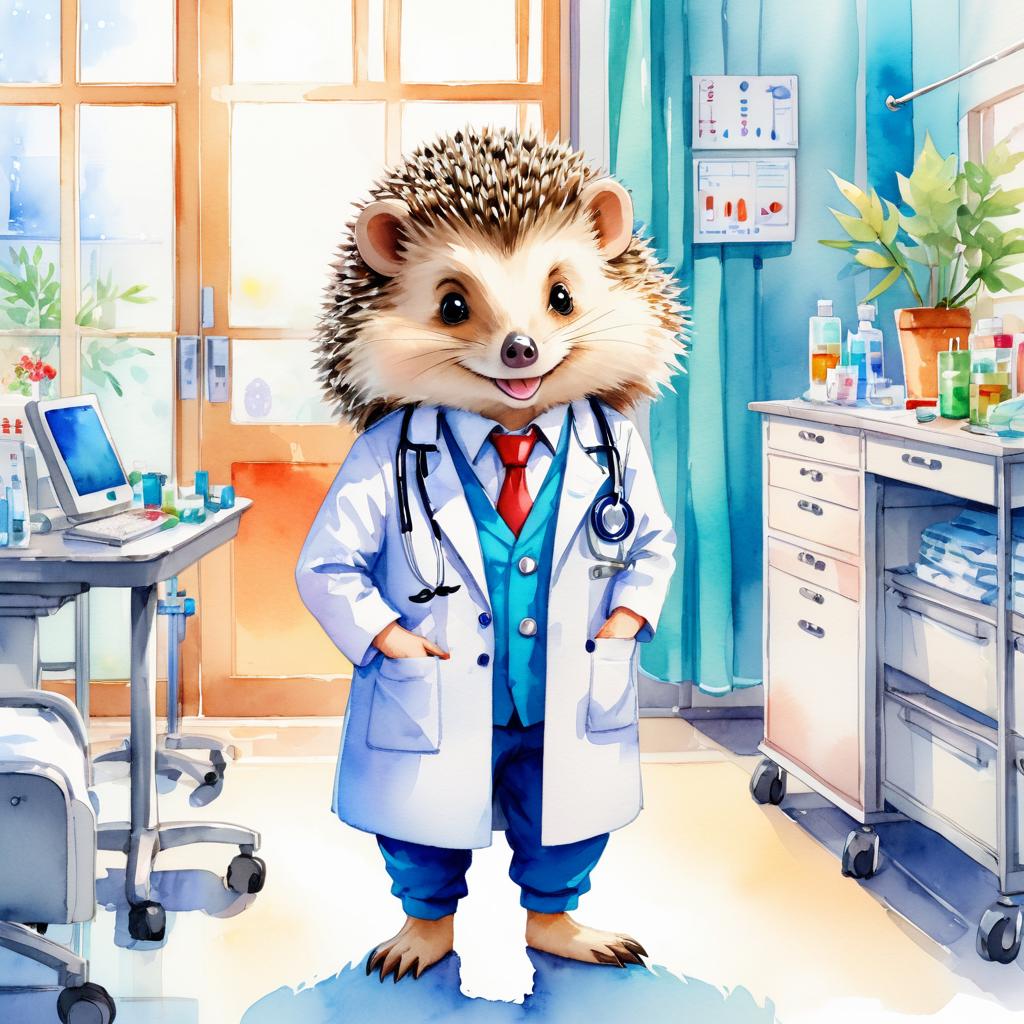 watercolor painting of european hedgehog as a doctor in a hospital, vibrant and highly detailed, in a studio anime style.